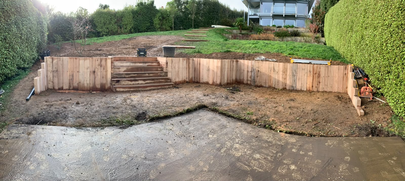 Panoramic view of the finished sleeper walling, steps and terraced levels