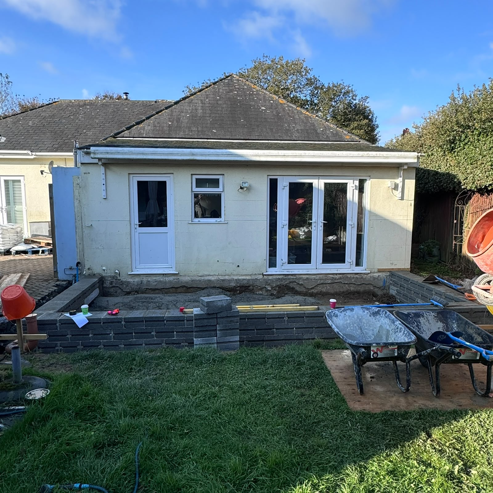 Mid-build view of the single-storey dining extension in Guernsey